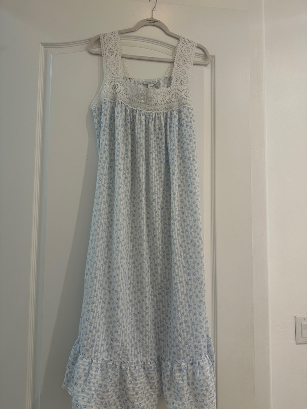 Light Blue Floral Cotton Nightgown with Lace Yoke